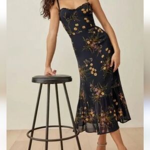 Reformation Nikita Floral Print Midi Dress Size 10 Tie Straps Ruffles V Neckline